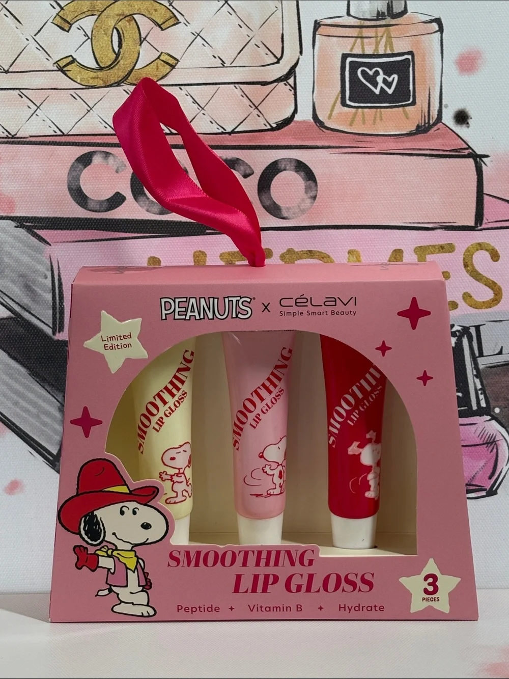 Peanuts x Célavi Smoothing Lip Gloss 3 pc Set - Pink/Red/White